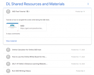 Snip from Google Classroom showing curated GED video resources